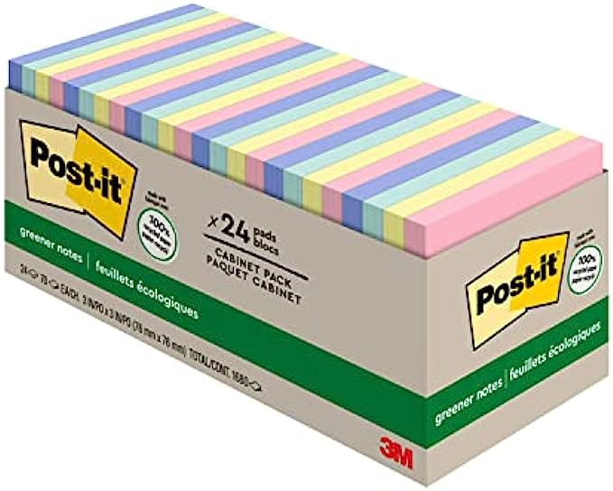 Post-it-Greener-Notes-3x3-in-24-Pads-America's-#1-Favorite-Sticky-Notes-Sweet-Sprinkles-Collection-Pastel-Colors-Clean-Removal-100%-Recycled-Material-(654R-24CP-AP)