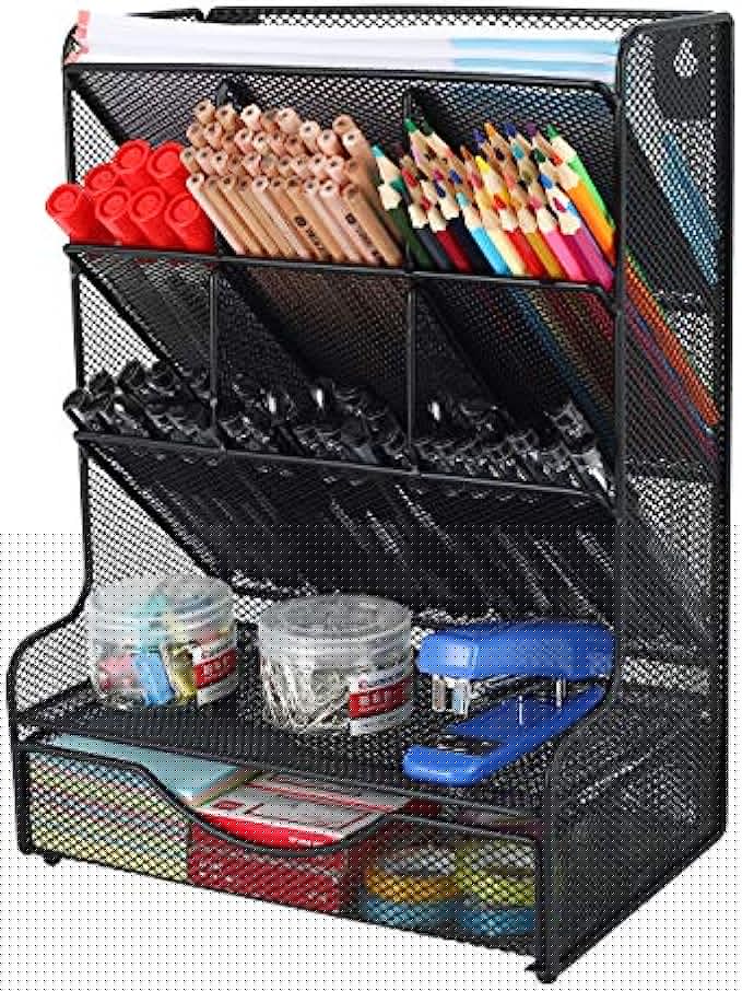 PAG Desk Organizer with Drawer Office Supplies and Accessories Storage Caddy Hanging Wall Shelf Metal Mesh Pencil Holder for Kids, 9 Compartments, Black