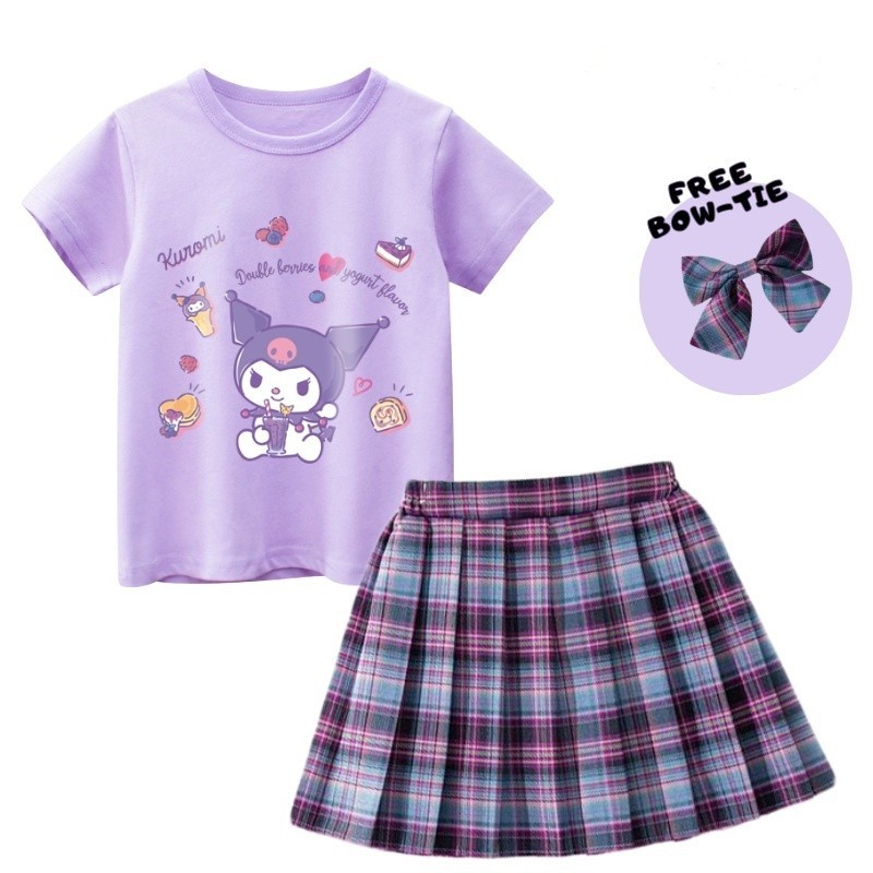 Girls Suit Cartoon Kurumi   Cotton T-Shirt and JK Dress Checked Skirt Free Bow Tie